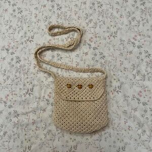 Crochet Beaded Cream Y2k Vintage Small Shoulder Bag Wooden Beads Lined Cotton